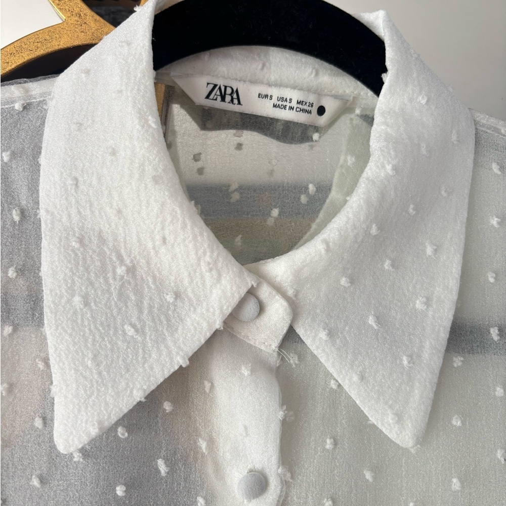 Zara White Sheer Polka Dot Blouse - Picture 7 of 10